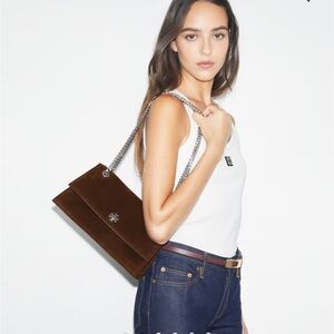 NWOT Tory Burch Turnlock Kira Suede Shoulder Bag Dark Cocoa
